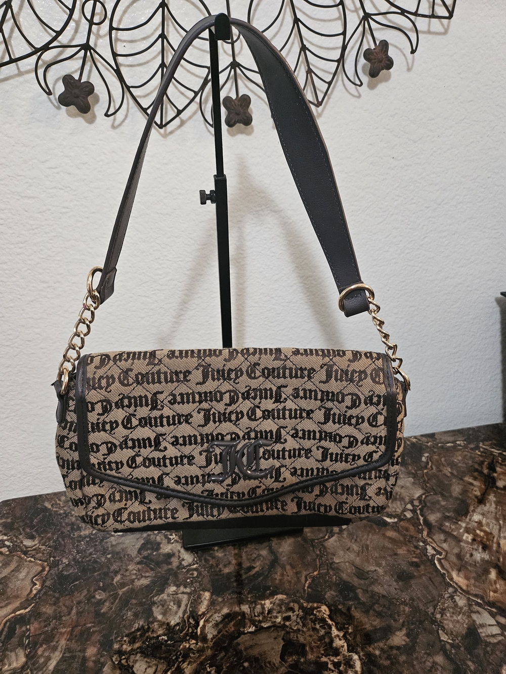 Juicy Couture Tan and Black Signature Shoulder Bag with Gold Chain Accents